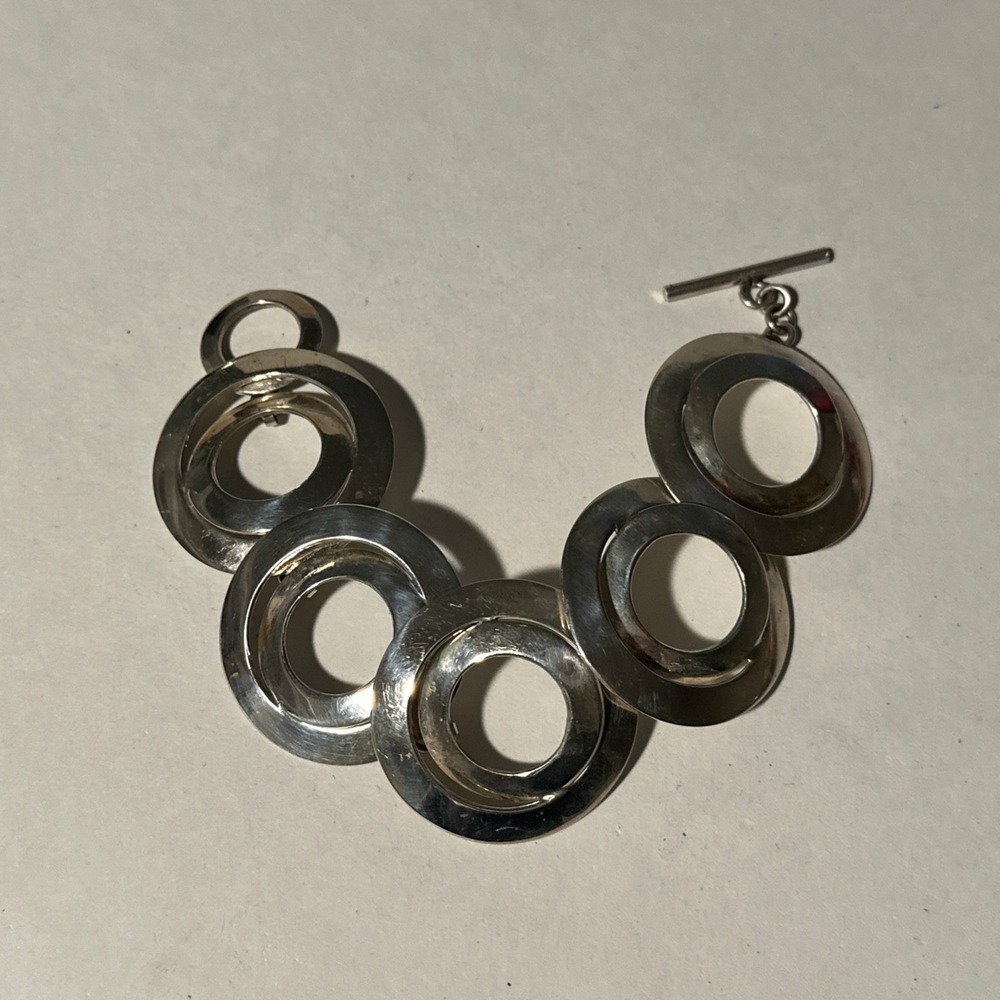 Vtg Sterling Silver 925 Circles Link Modernist Toggle Bracelet 8"